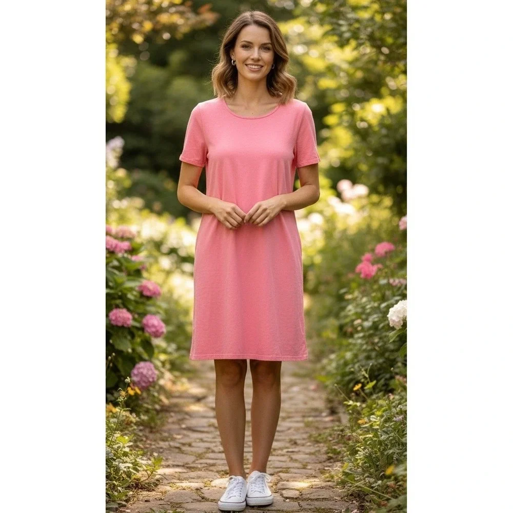 Fresh Produce Womens Short Sleeve Scoop Neck T-Shirt Dress Pink USA Cotton Large